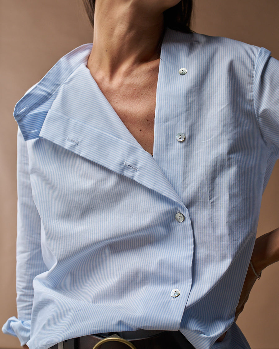 Camicia Asia | Cotone Microriga Bianco e Azzurro